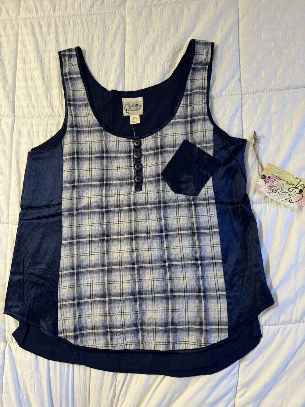 Closet Romantic Women's Boho Cotton Silk Blue Checkered Elizabeth Tank Sz L